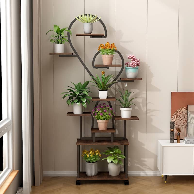 Plant Stand Indoor with Grow Lights, Tiered Indoor Plant Shelf, Metal Plant Flower Holder Stand,S-Shaped Plant Rack - Black + Dark Walnut