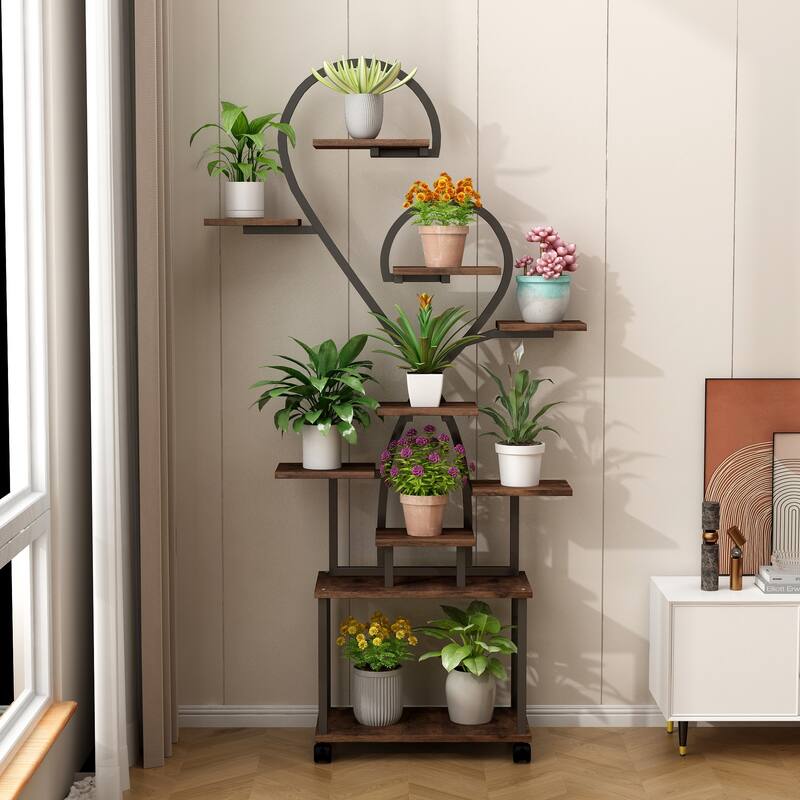 Plant Stand with Grow Lights, Tiered Indoor Plant Shelf, Metal Plant Flower Holder Stand, S-Shaped Plant Rack for Home, Patio - Black + Dark Walnut