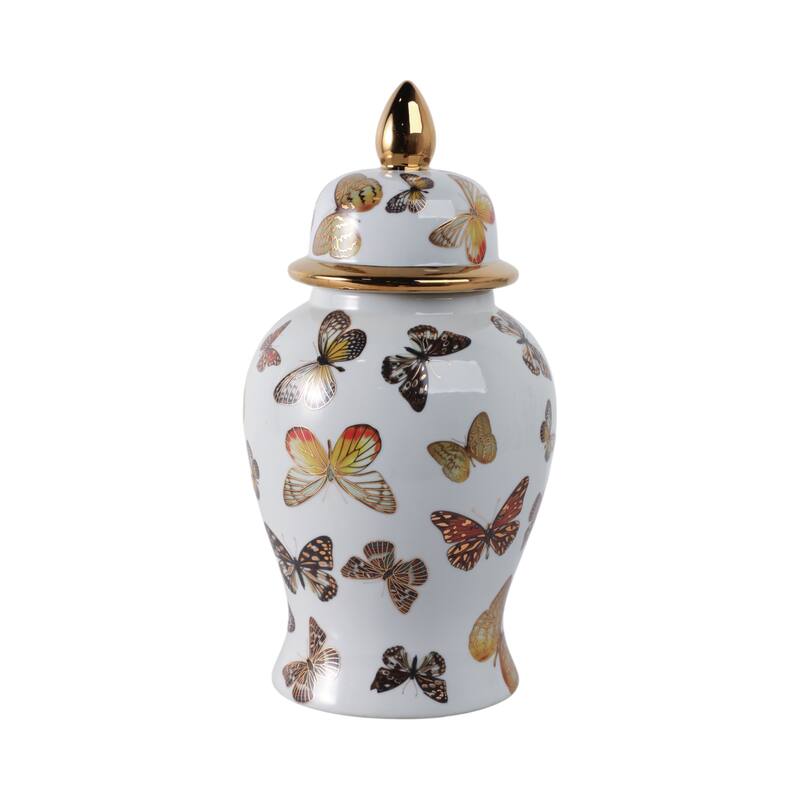 Ceramic Decorative Temple Jar with Lid and Metallic Butterfly Motif