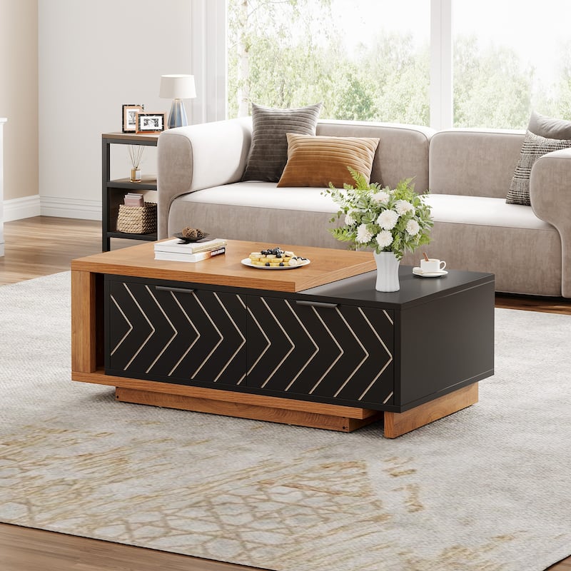 Wooden Extendable Center Coffee Table with Sliding Tabletop
