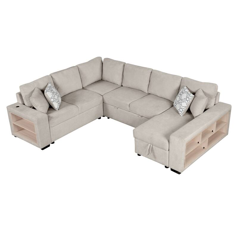 Beige 109" U-Shaped 6-Seater Sectional Sofa with Pull-Out Bed, Storage Chaise Lounge, 4 Back Pillows, and USB Charging Ports