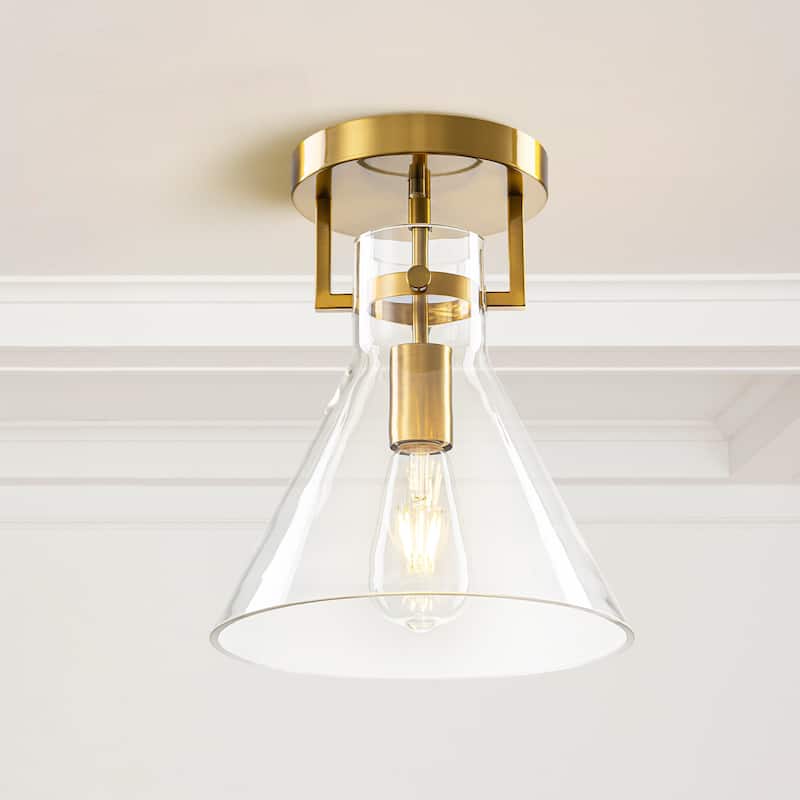 9.8" 1-Light Mid-Century Modern Brushed Brass Semi-Flush Mount Ceiling Light with Clear Cone Glass Shade for Hallway or Bedroom - Clear/Gold - 9.8 in. W x 12.2 in. H x 9.8 in. D