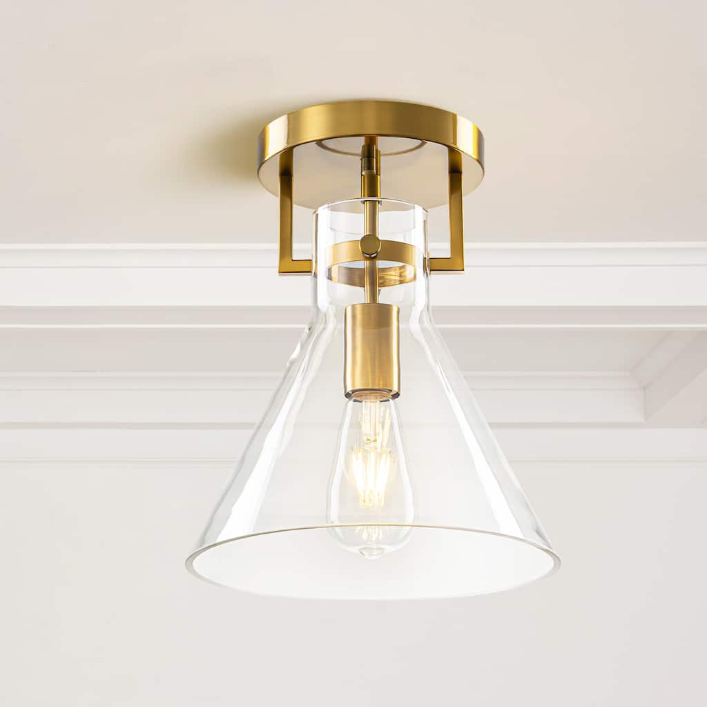 9.8" 1-Light Mid-Century Modern Brushed Brass Semi-Flush Mount Ceiling Light with Clear Cone Glass Shade for Hallway or Bedroom