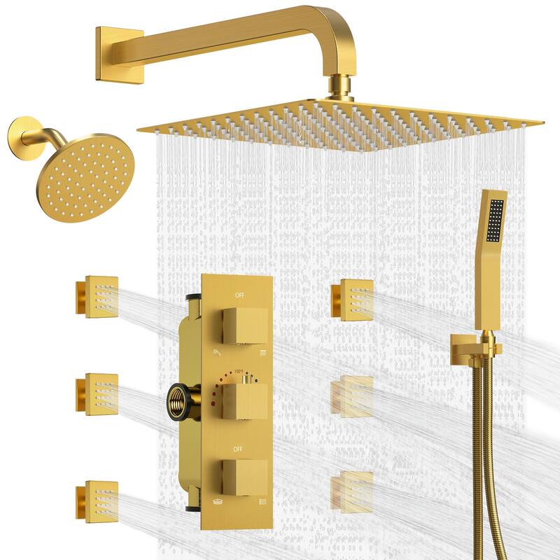 Dual Heads 12"Rainfall and High Pressure 6"Shower Faucet Dual Cascade System 3 Way Thermostatic Valve with 6 Body jets