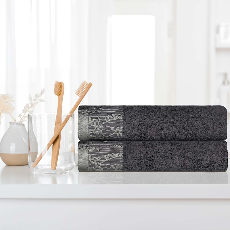 Superior Wisteria Cotton Floral Jacquard Border Bath Towel Set - Grey