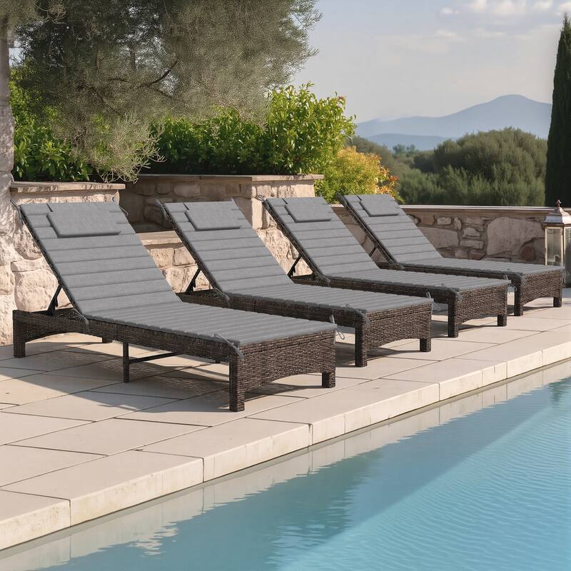 Outdoor Chaise Lounge Cushion Quilted Patio Sun Lounger Pad with Straps - 4PC - Light Gray, Fits78"-82" chaise