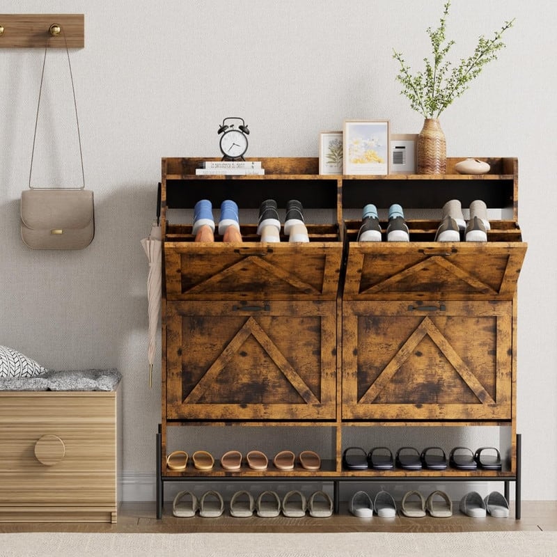 Shoe Cabinet with 4 Flip Drawers and Open Shelves
