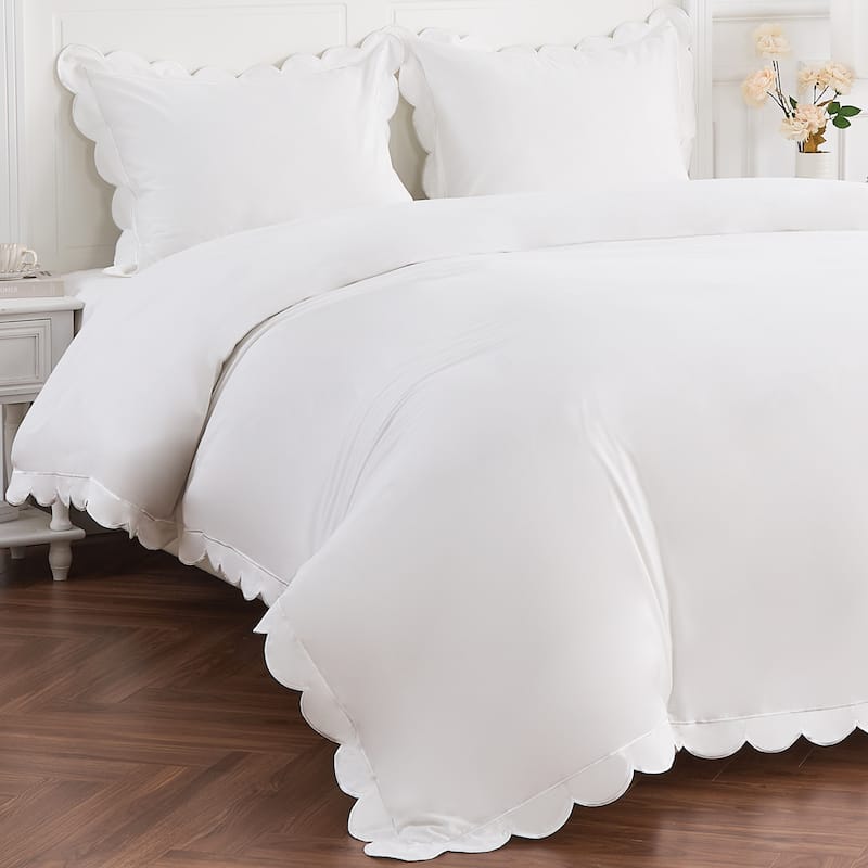 Percale Cotton Scalloped Embroidered Crisp Duvet Set and Sham