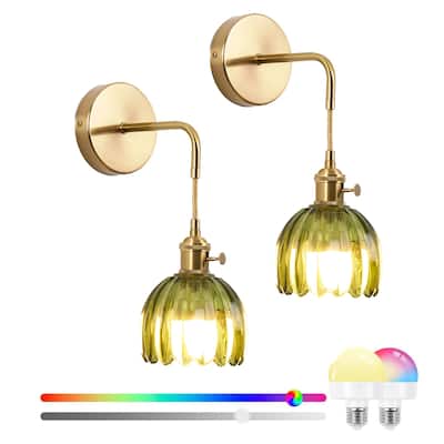Set of 2 Battery Operated Wireless Sconce with Green Glass Lampshade