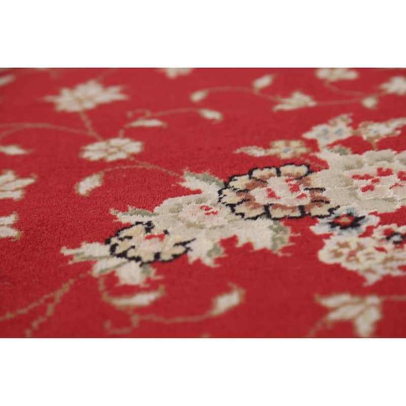 Red Floral Tabriz Chinese Runner Rug Handmade Wool and Silk Carpet - 2'5" x 8'1"