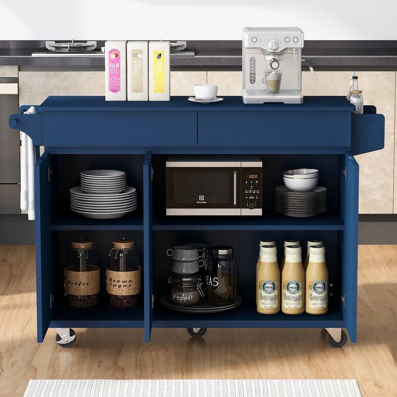 Rolling Kitchen Island Cart on Wheels with Adjustable Shelves, 2 Drawers, and Spice Rack