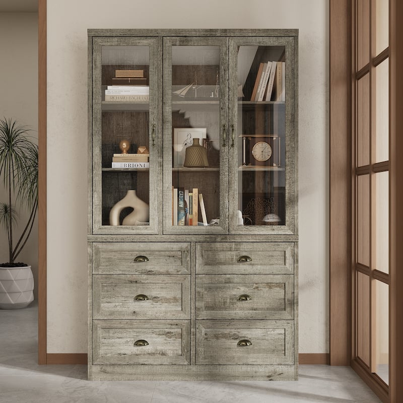 Buffet Cabinet with Glass Doors and Drawers Display Hutch Bookshevles Bookcase