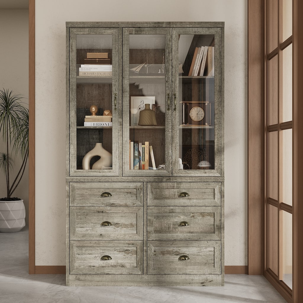 Buffet Cabinet with Glass Doors and Drawers Display Hutch Bookshevles Bookcase