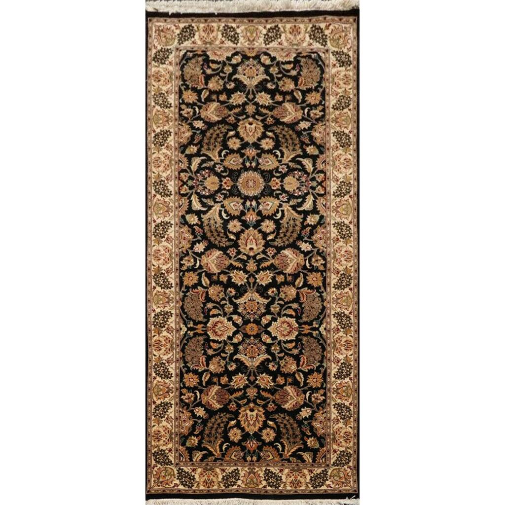 Hand Knotted 300 KPSI Pak Kashan Black,Ivory Wool & Silk Traditional Oriental Area Rug (Runner) - 2' 7'' x 6' 1''