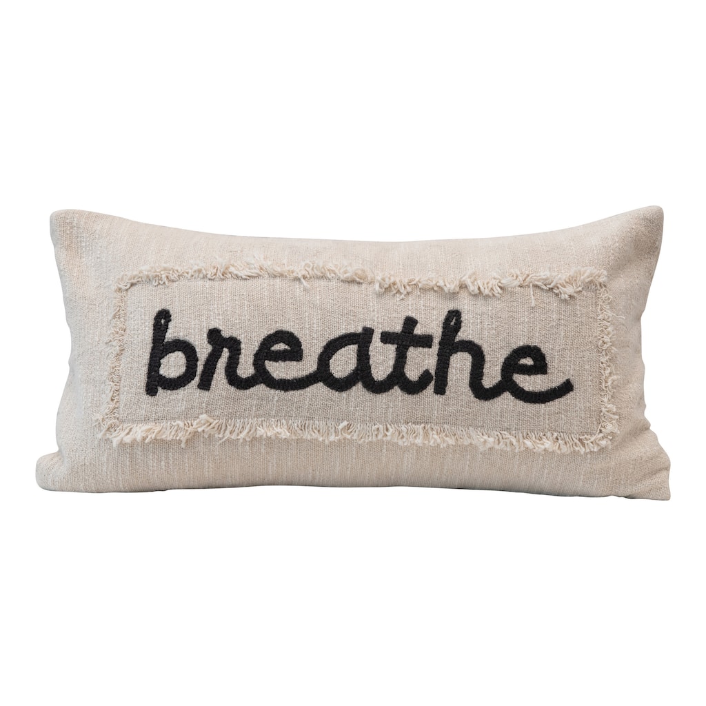 Embroidered Cotton Pillow "Breathe" with Eyelash Fringe, Cream & Charcoal Color