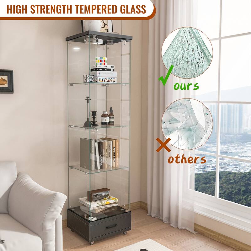 Modern Glass Display Cabinet with Drawer and LED lights for Living Room and Bedroom