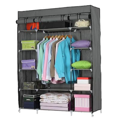 53" Portable Closet Wardrobe Clothes Rack Shelf Storage Space Organizer Grey