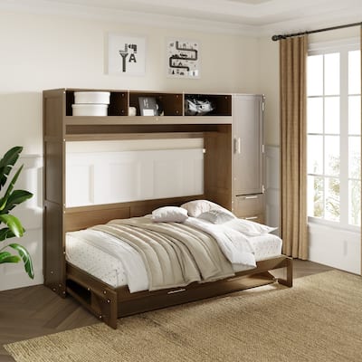 Full Size Murphy Bed w/Wardrobe, Drawers & Open Shelves Folded Into Cabinets, Easy Fold Wood Wall Bed for Guest Room Home Office