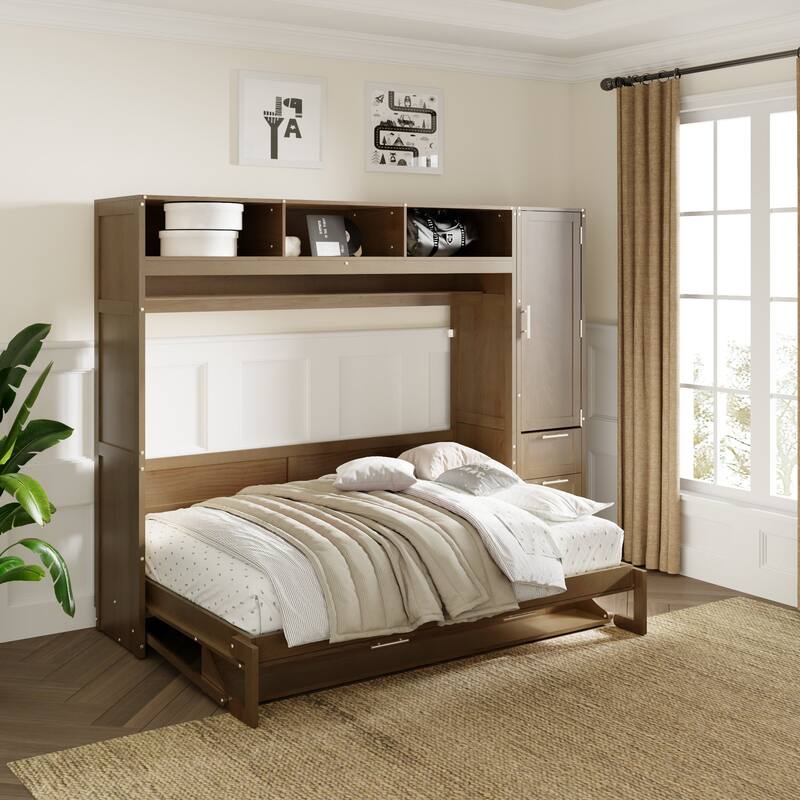 Full Size Murphy Bed with Wardrobe, Drawers & Shelves