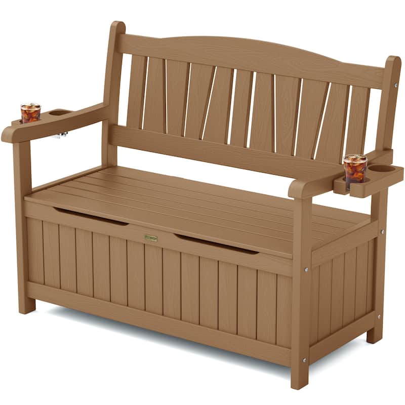 WINSOON All-Weather HIPS Outdoor Garden Bench, 56" Adirondack Outdoor Patio Bench - Storage Teak