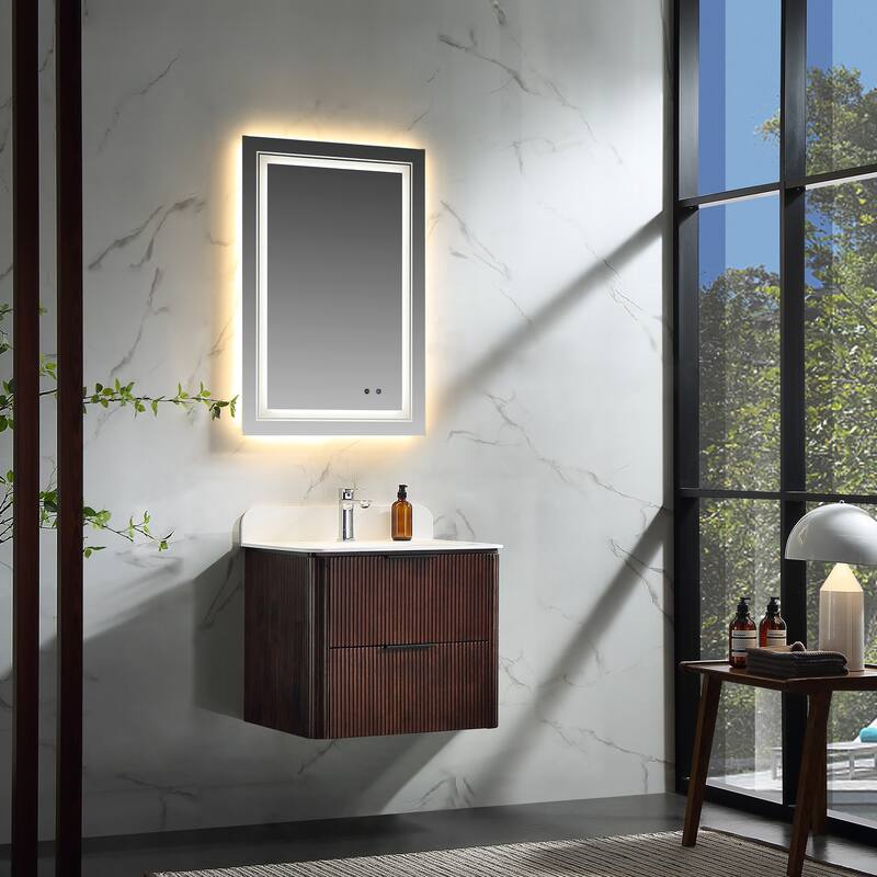 Modland Fluted Floating Vanity with Sink, Plywood Wall Mount Cabinet, Curved Edge, 24/30/36 Inch