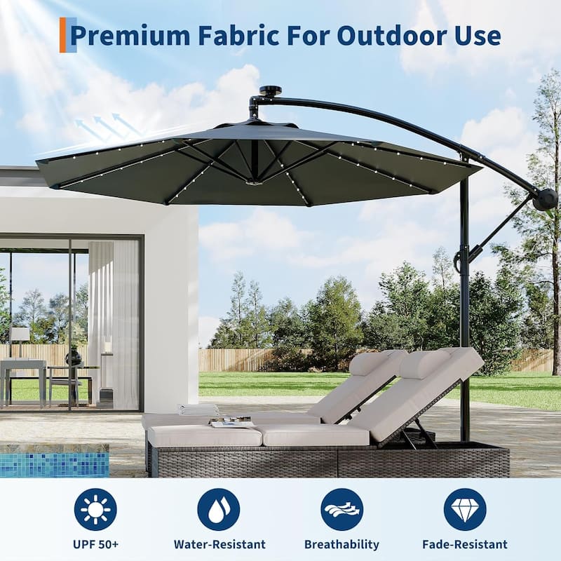 10ft Solar Lights Patio Umbrella, Cantilever Umbrella with Easy Lift and Tilt Adjustment