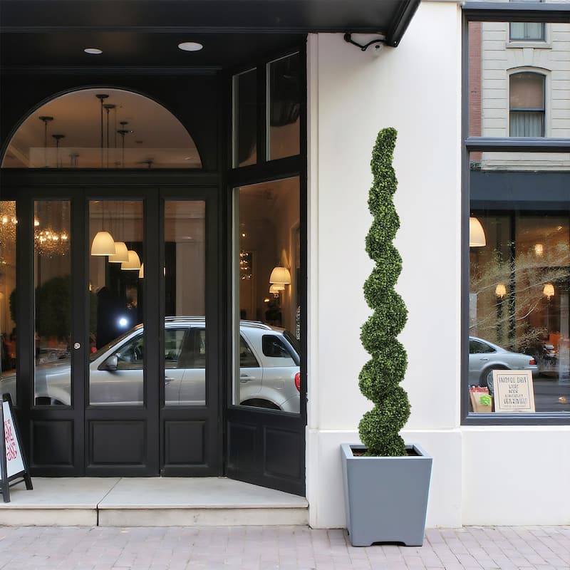 7FT Spiral Topiary Trees Artificial Faux Boxwood Plants Large Twisted Green Potted Trees with Light Green Leaves,1pc/set - Green