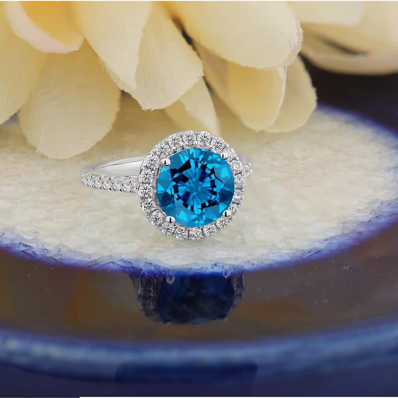 Auriya 3 1/3ct Fancy Round Swiss Blue Topaz and Halo Diamond Engagement Ring 5/8ctw 14k Gold
