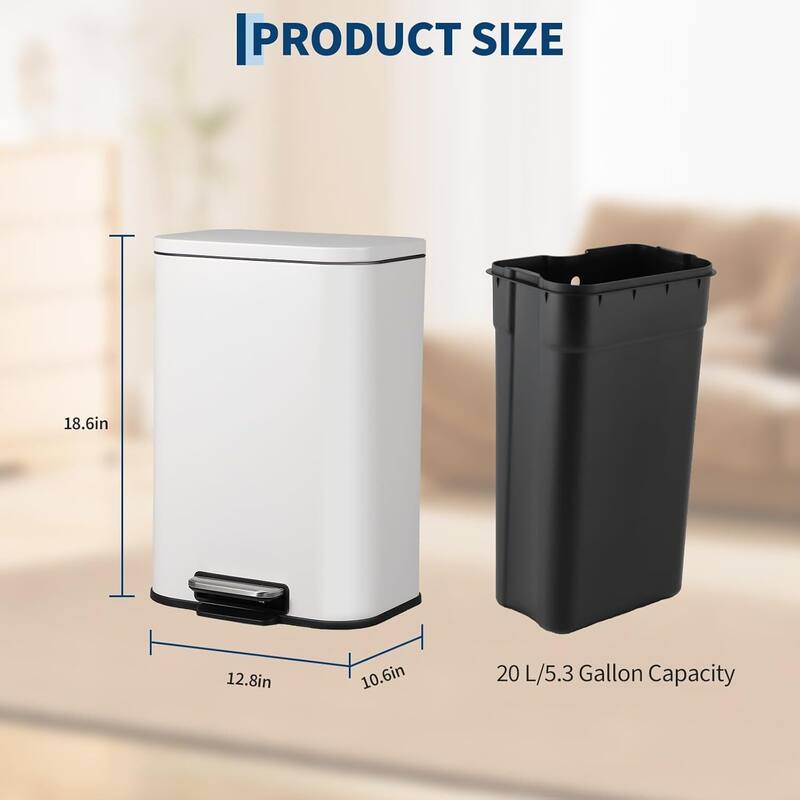 5.3 Gal Soft-Close Lid Stainless Steel Trash Can for Kitchen, Bathroom, Office