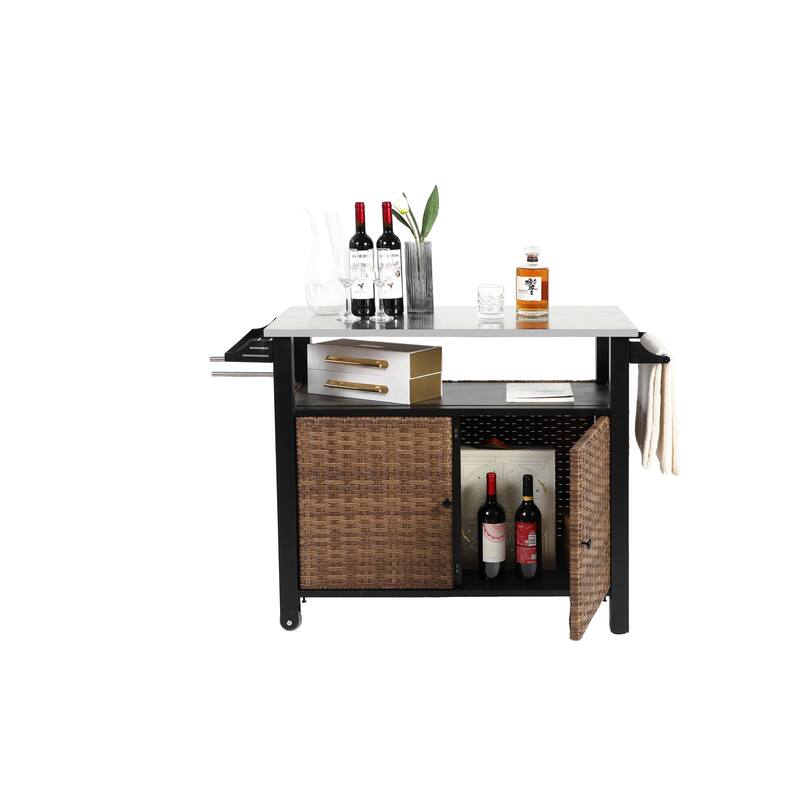 Outdoor Kitchen Wicker Island Rolling Cart & Storage Cabinet, Wheels and Stainless Steel Extended Table Top