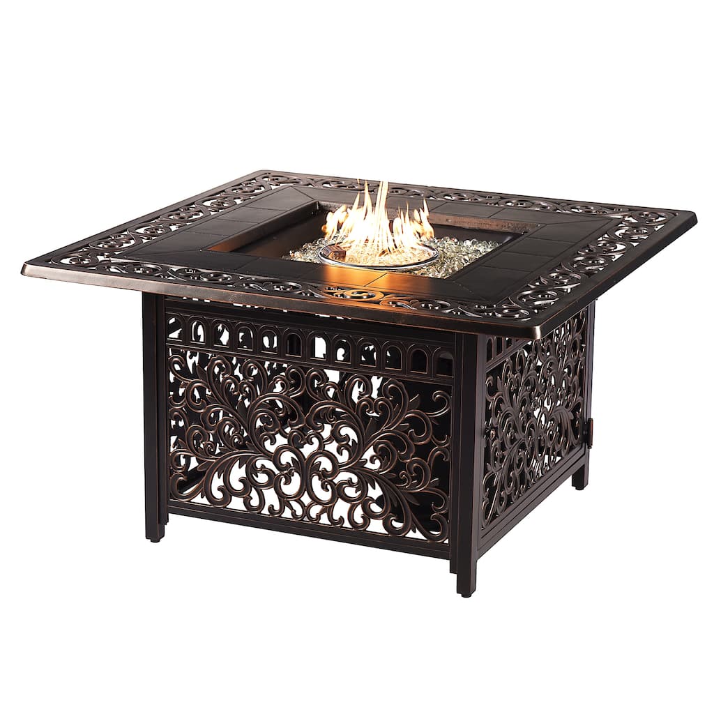 Square 42 in. x 42 in. Aluminum Propane Fire Pit Table with Glass Beads, Two Covers, Lid, 57,000 BTUs