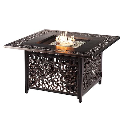 Square 42 in. x 42 in. Aluminum Propane Fire Pit Table with Glass Beads, Two Covers, Lid, 55,000 BTUs - N/A