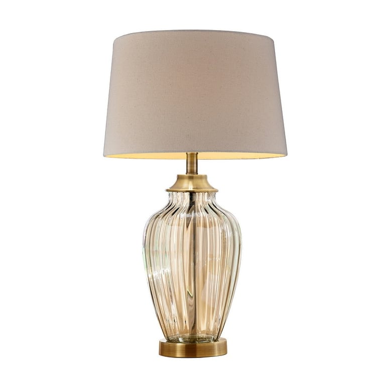 28.5" Tall Glass Table Lamp "Golden Gaze" with Antique Bronze finish, Linen Shade - Champagne