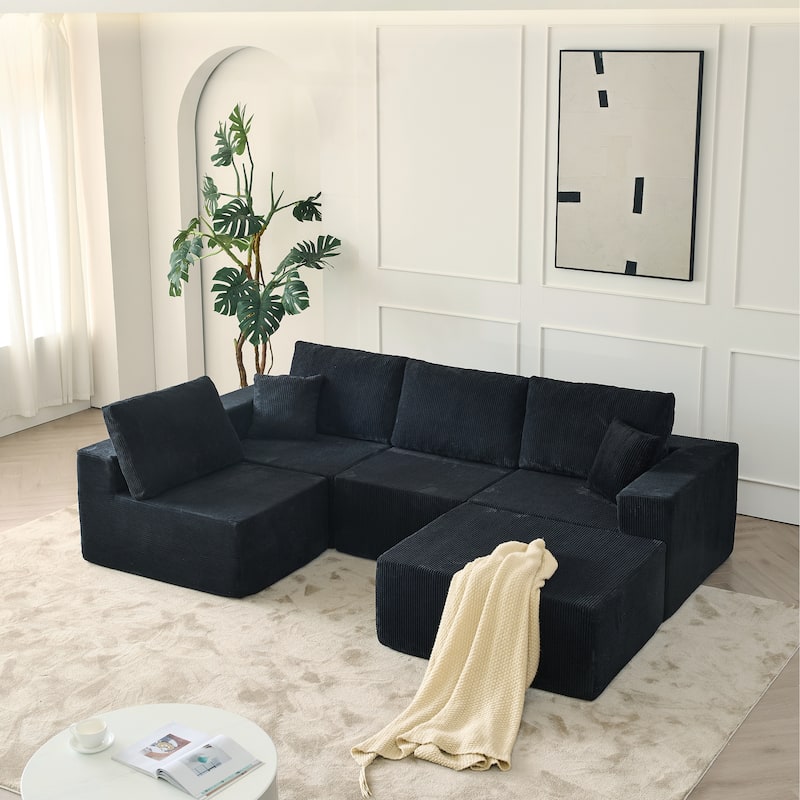 Modular Corduroy Sectional Sofa with Ottoman Chaise Lounge and Pillows