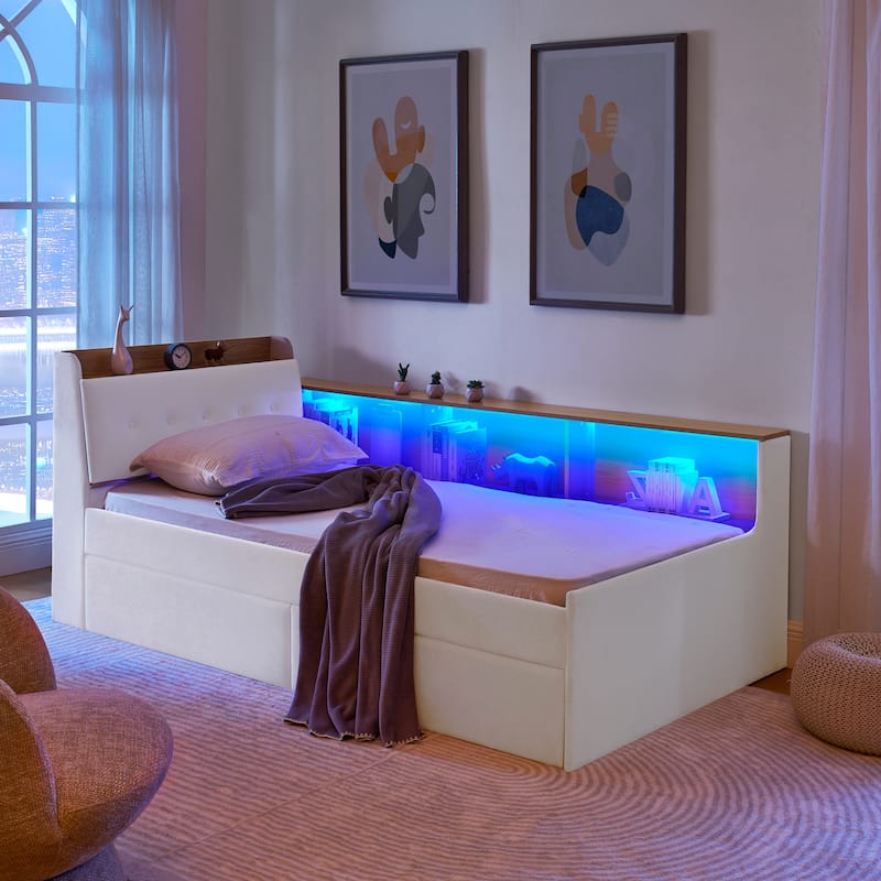 Roomfitters Twin Daybed with Storage Headboard, Wireless Charging, Drawers & Lighting, Velvet Upholstery