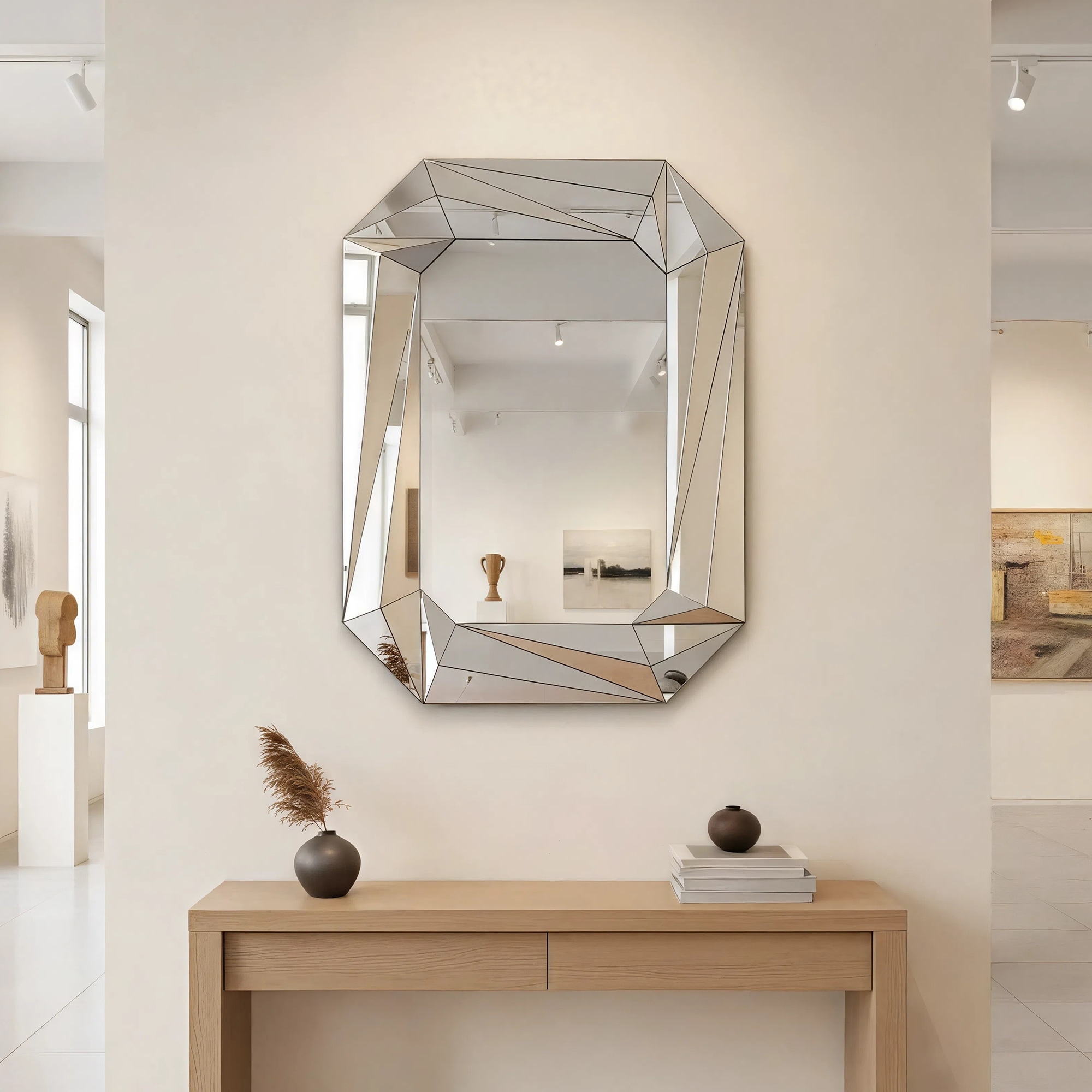 Diamond Shaped Large Wall Mirror for Decor Elegant Living Room, Modern Beveled Edge Frameless Accent Mirror