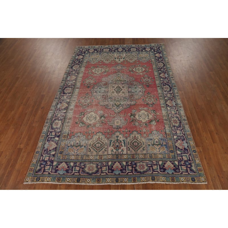 Vintage Geometric Tabriz Persian Area Rug Hand-Knotted Wool Carpet - 6'6" x 9'7"