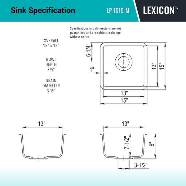 dimension image slide 2 of 6, Lexicon Undermount Quartz 15 Inch Single Bowl Kitchen Sink Kit