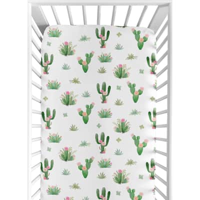 Sweet Jojo Designs Pink Green Boho Watercolor Cactus Floral Collection Fitted Crib Sheet