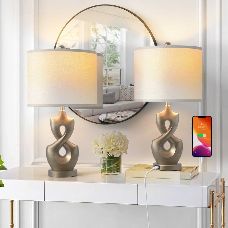 Maxax 24.5" Resin USB Bedside Table Lamp(set of 2)