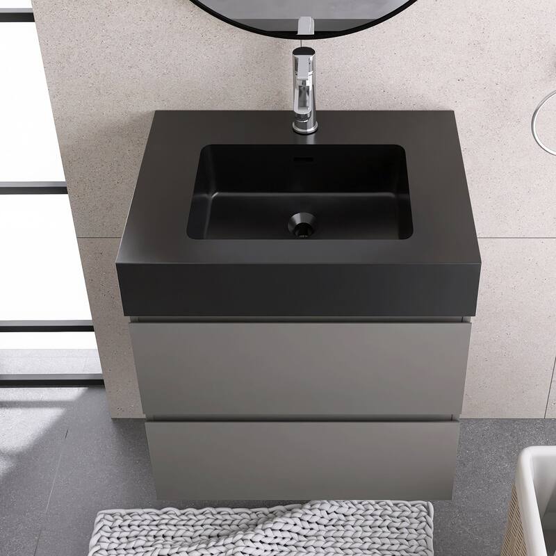 24"/30"/36" Wall-Mounted Bathroom Vanity Set with Black Integrated Quartz Sand Sink