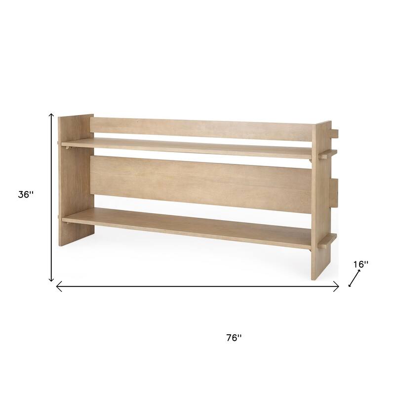 HomeRoots 76" Natural and Brown Solid Wood Sled Console Table With Two Shelves - 76' X '36' X '16
