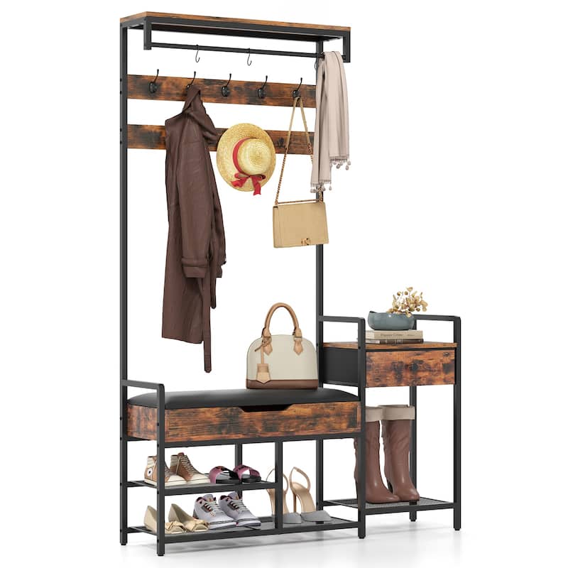 Rustic Brown Metal Hall Tree Bench with Hooks, Drawer, Shelves and Shoe Rack - 47.5" L x 12" W x 70" H - Rustic Brown-Black