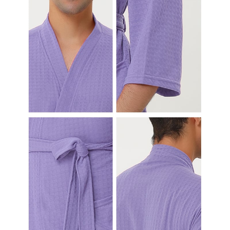 Men's Waffle Bathrobe Solid Color Sleepwear 3/4 Sleeve Kimono Spa Robe