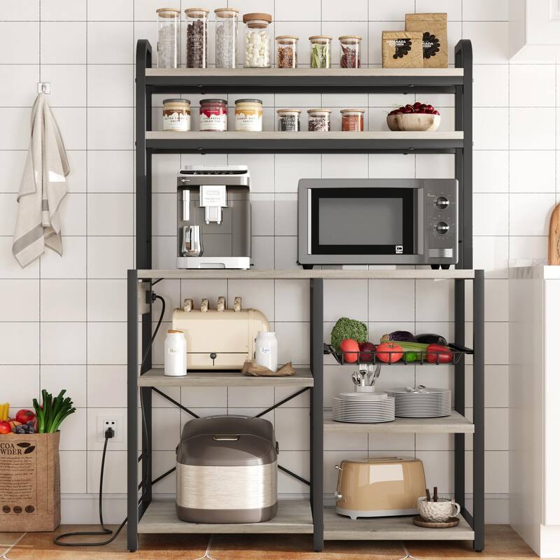 Industrial Bakers Rack with Power Outlet Microwave Oven Stand - 15.7"D x 35.4"W x 59.1"H
