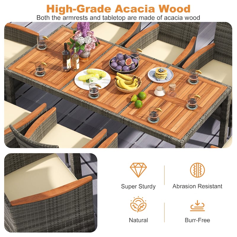 Costway 9 PCS Outdoor Wicker Dining Set with Acacia Wood Table and 8 - See Details