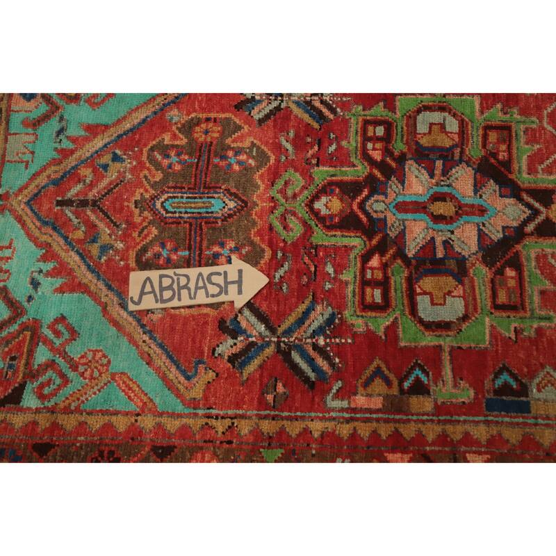 Hand Knotted Oriental 100% Wool Carpet Traditional Geometric Red Heriz Runner Rug - 10' 4'' X 3' 0''