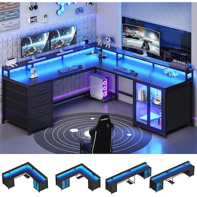 L Shaped Gaming Desk Drawers Computer Desk with Display Cabinet