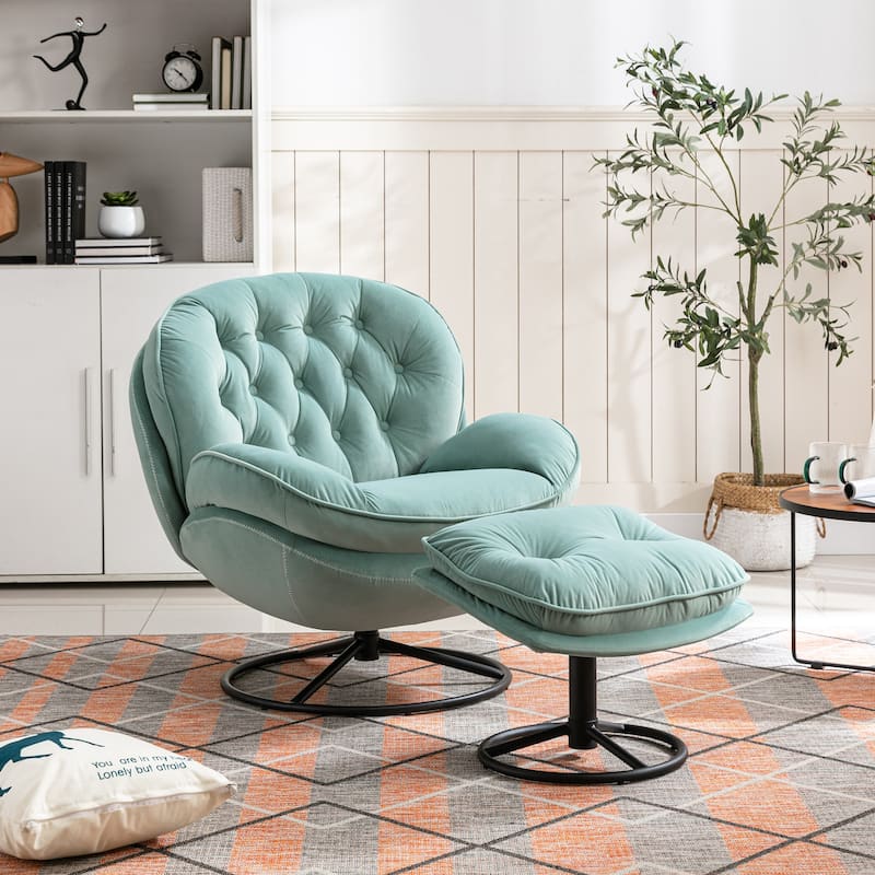 Accent Chair Velvet Upholstered Chair & Ottoman Sets, 360-Degree Swivel Chair - Teal