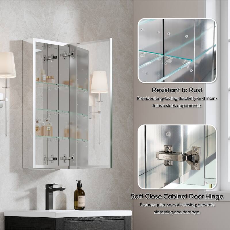 Recessed or Surface Wall Mount Bathroom Medicine Cabinet With Adjustable Glass Shelves